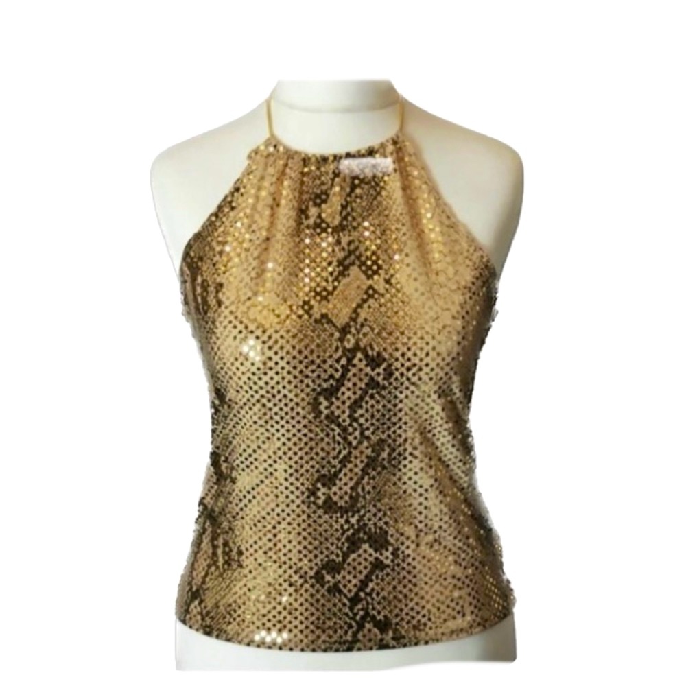 Eye Candy Open Back Handkerchief Halter Sequin Gold Tone Top